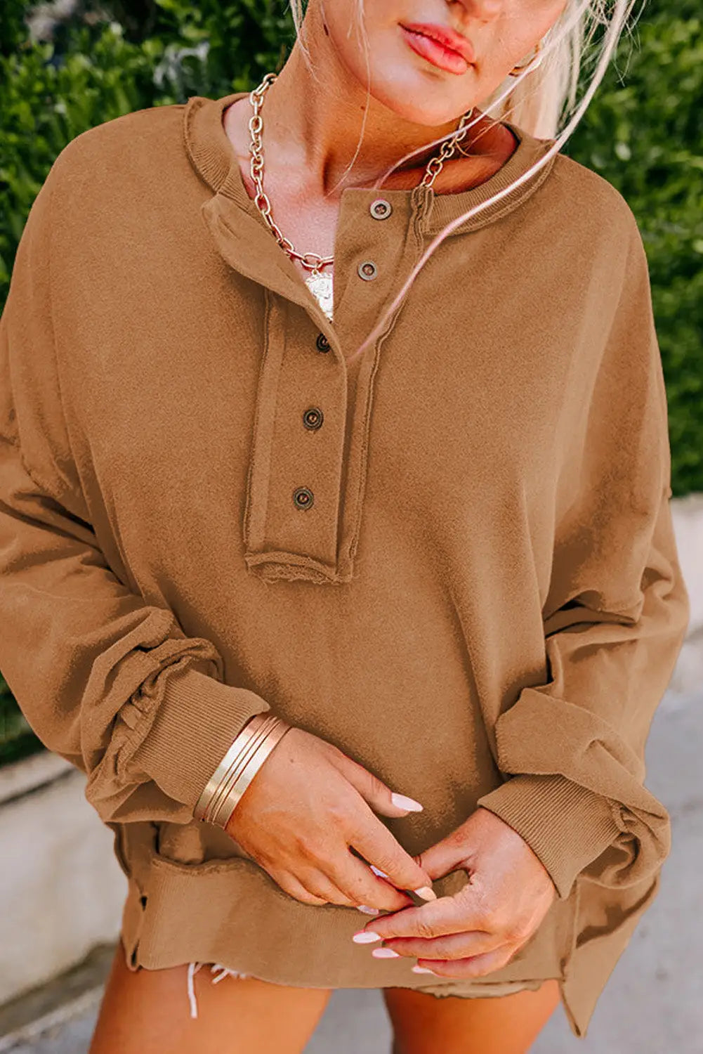 Chestnut drop shoulder henley buttons sweatshirt - s / 85% polyester + 15% cotton - sweatshirts & hoodies