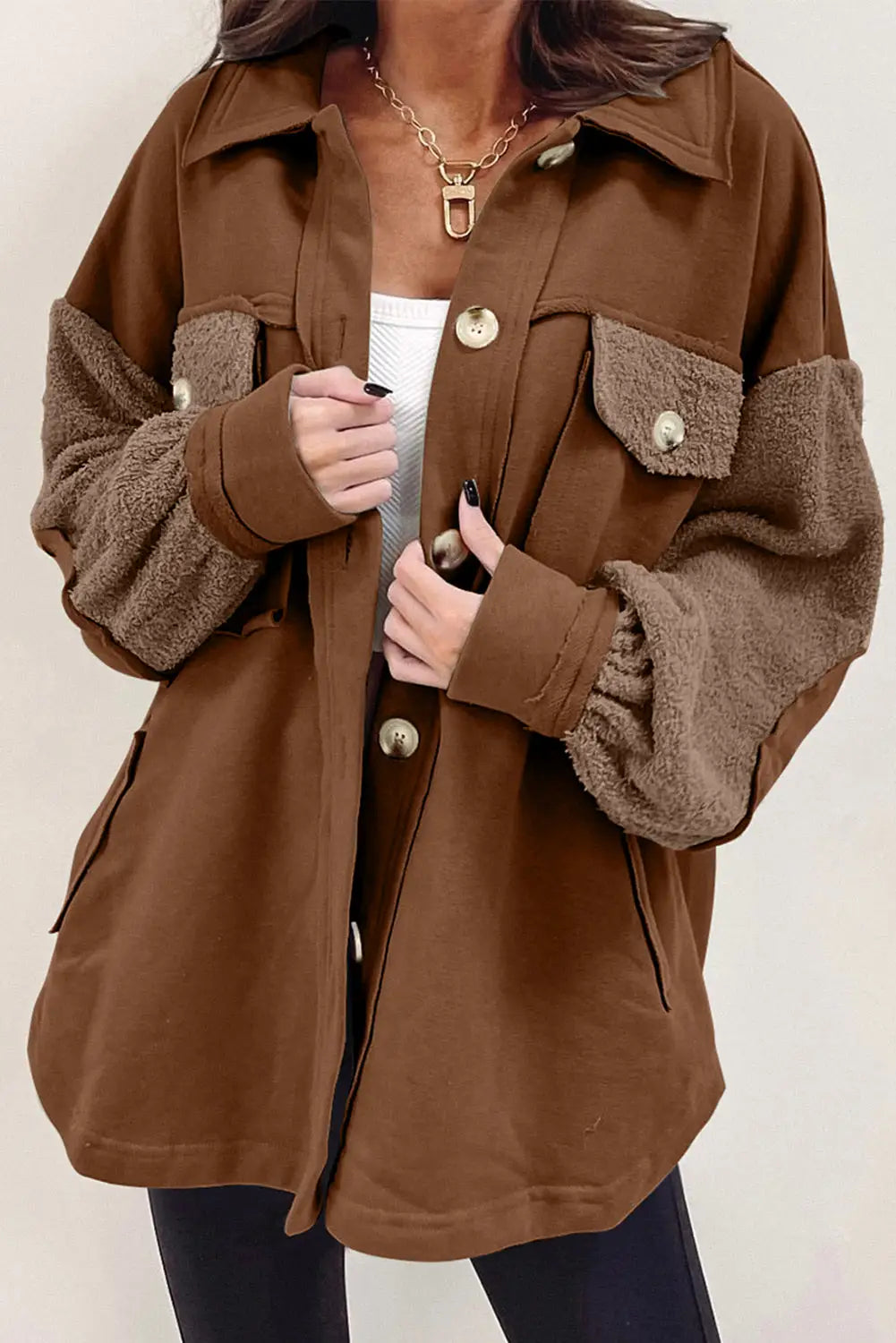 Chestnut exposed seam elbow patch oversized shacket - s / 50% polyester + 50% cotton - shackets
