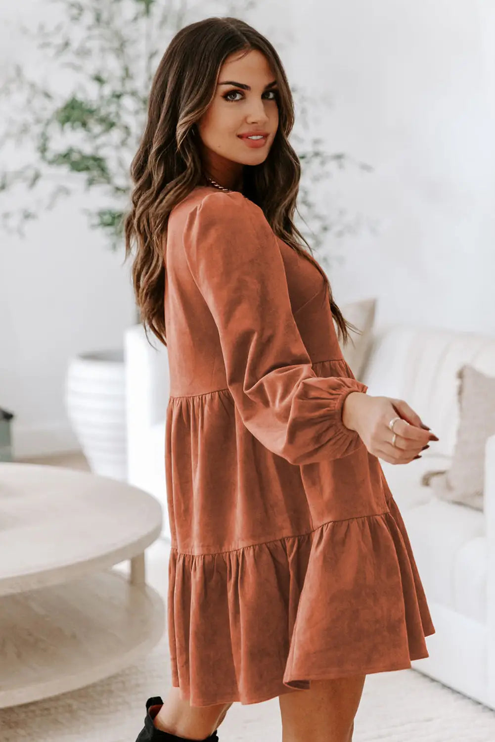 Chestnut faux suede tiered babydoll dress - dresses