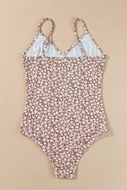 Chestnut floral bodysuit - spaghetti strap v-neck - bodysuits