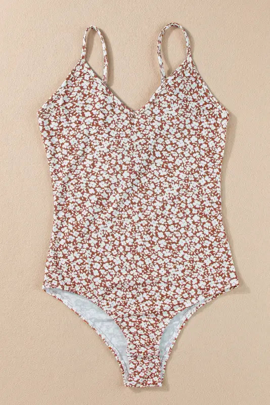 Chestnut floral bodysuit - spaghetti strap v-neck - bodysuits