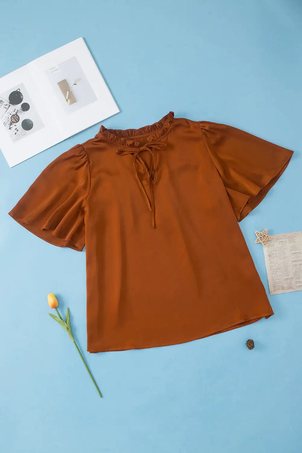 Chestnut frilled split neck plus size satin blouse
