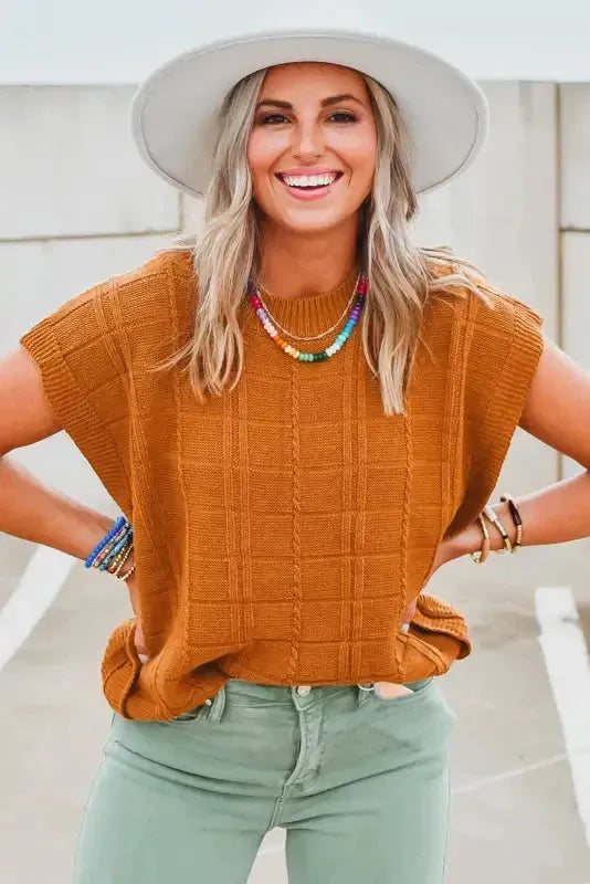 Chestnut Grid Textured Short Sleeve Sweater - Fashionfitz