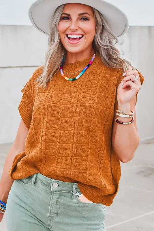 Chestnut grid textured short sleeve sweater - sweaters & cardigans