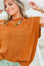 Chestnut Grid Textured Short Sleeve Sweater - Fashionfitz