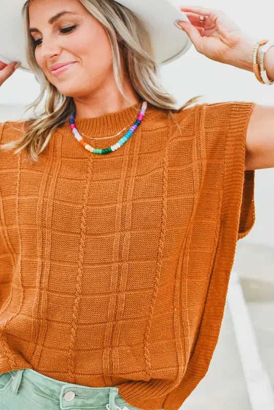 Chestnut grid textured short sleeve sweater - sweaters & cardigans