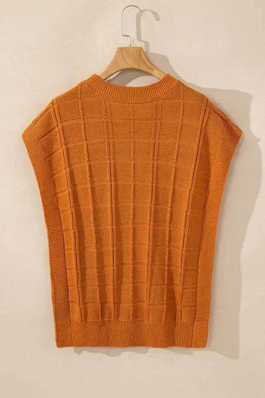 Chestnut grid textured short sleeve sweater - sweaters & cardigans