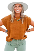 Chestnut Grid Textured Short Sleeve Sweater - Fashionfitz