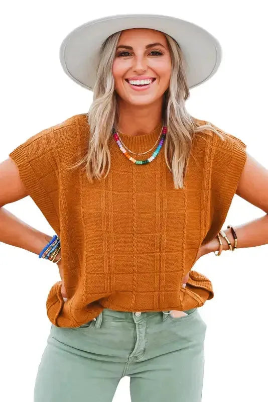 Chestnut Grid Textured Short Sleeve Sweater - Fashionfitz