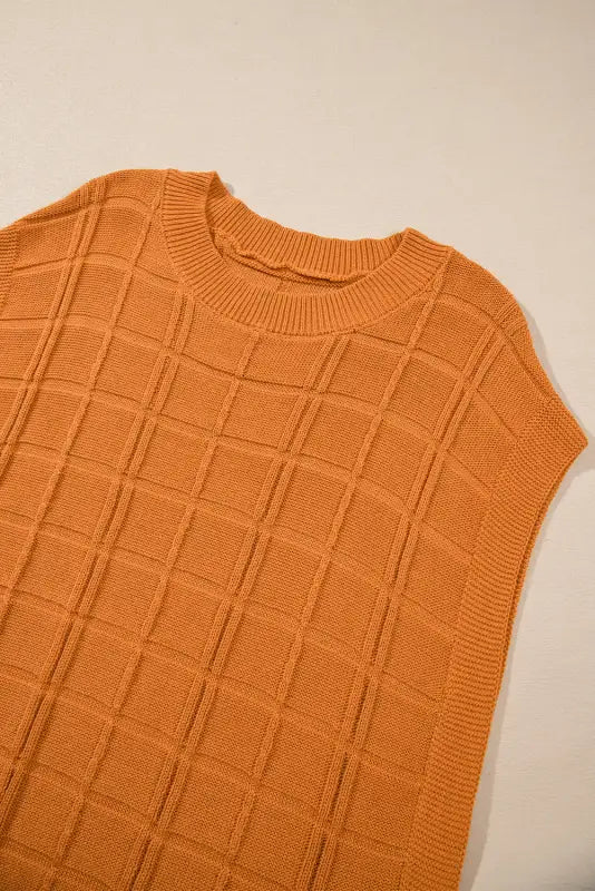 Chestnut grid textured short sleeve sweater - sweaters & cardigans