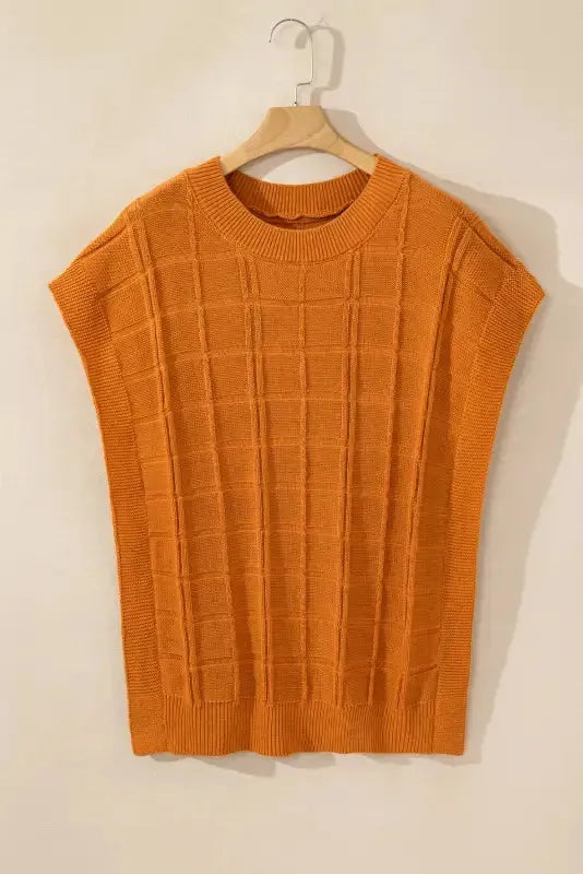 Chestnut Grid Textured Short Sleeve Sweater - Fashionfitz