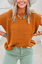 Chestnut Grid Textured Short Sleeve Sweater - Fashionfitz