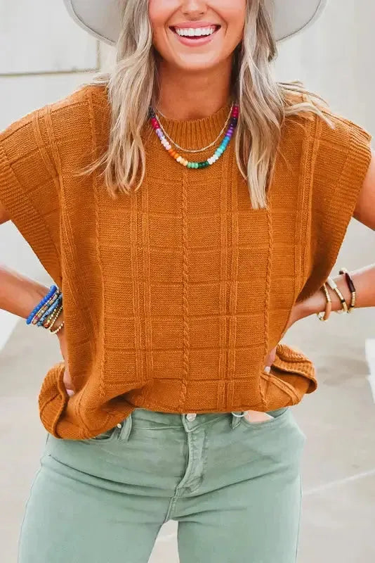 Chestnut Grid Textured Short Sleeve Sweater - Fashionfitz