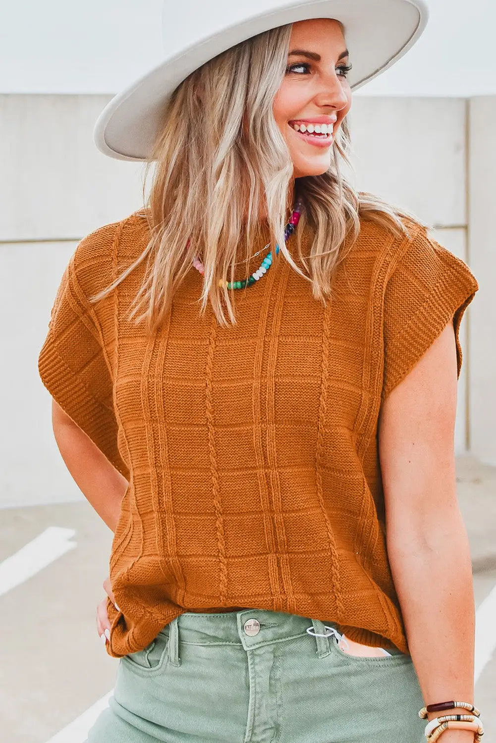 Chestnut grid textured short sleeve sweater - sweaters & cardigans