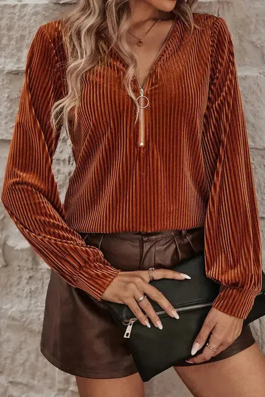 Chestnut Half Zip V Neck Ribbed Velvet Top - Fashionfitz