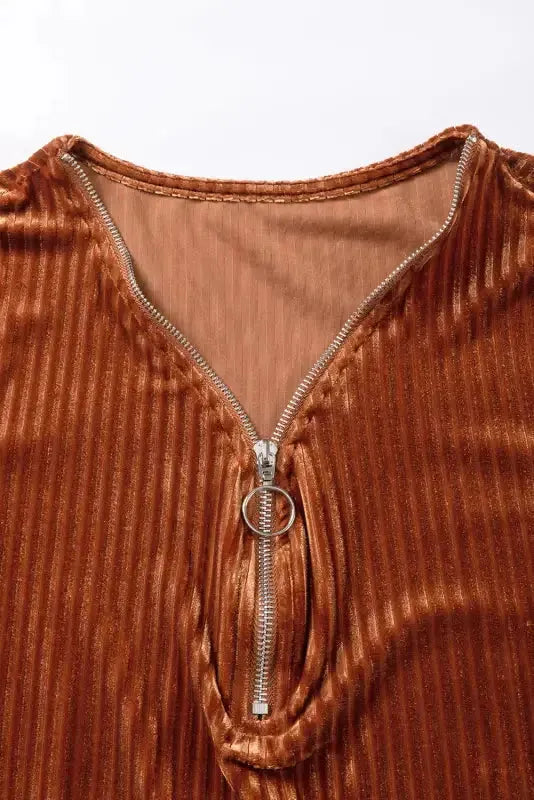 Chestnut Half Zip V Neck Ribbed Velvet Top - Fashionfitz