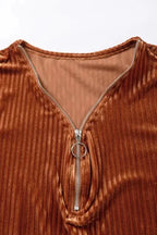Chestnut Half Zip V Neck Ribbed Velvet Top - Fashionfitz