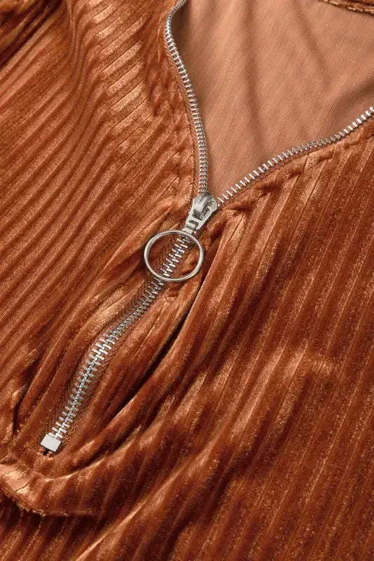 Chestnut Half Zip V Neck Ribbed Velvet Top - Fashionfitz