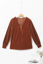 Chestnut Half Zip V Neck Ribbed Velvet Top - Fashionfitz
