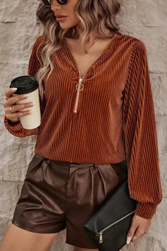 Chestnut Half Zip V Neck Ribbed Velvet Top - Fashionfitz