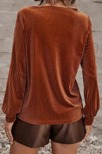 Chestnut Half Zip V Neck Ribbed Velvet Top - Fashionfitz