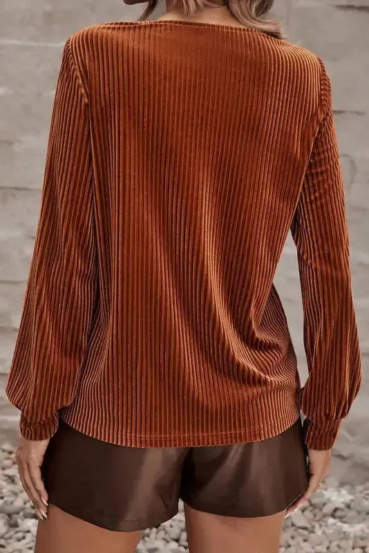 Chestnut Half Zip V Neck Ribbed Velvet Top - Fashionfitz