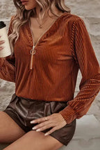Chestnut Half Zip V Neck Ribbed Velvet Top - Fashionfitz