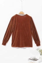 Chestnut Half Zip V Neck Ribbed Velvet Top - Fashionfitz