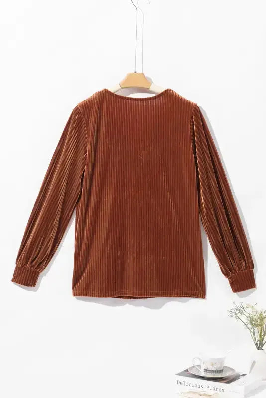 Chestnut Half Zip V Neck Ribbed Velvet Top - Fashionfitz