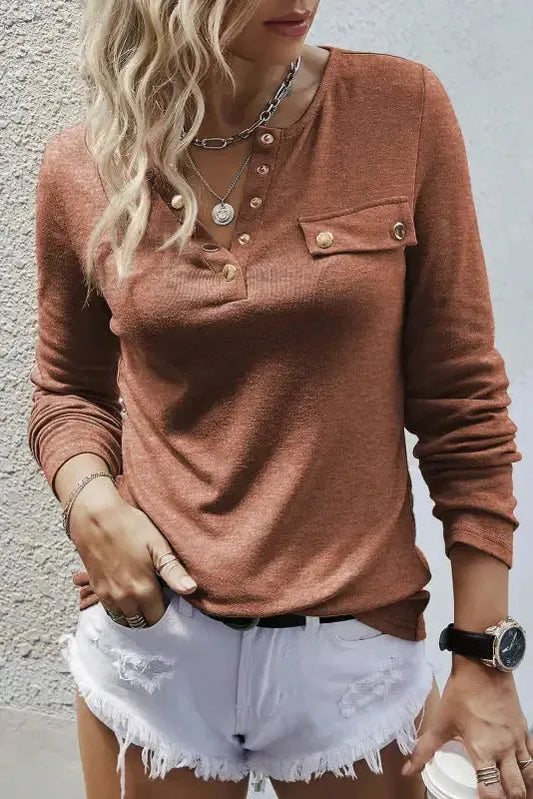 Chestnut Long Sleeve Snap Button Henley Top - Fashionfitz