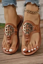 Chestnut Metal Décor Leather Thong Slippers - Fashionfitz