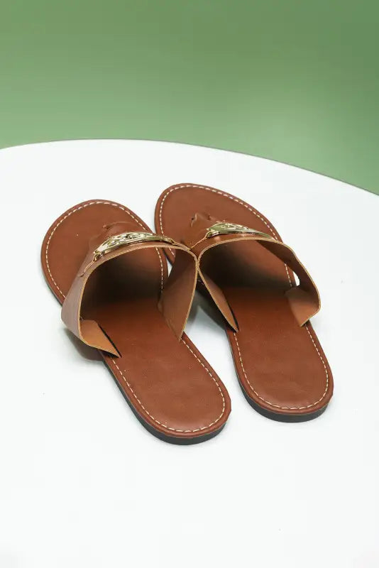 Chestnut metal décor leather thong slippers - shoes & bags/slippers