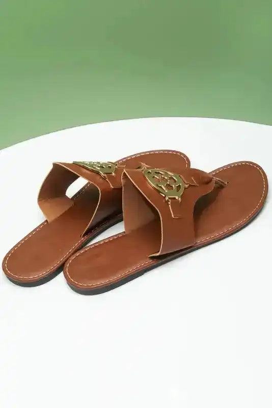 Chestnut Metal Décor Leather Thong Slippers - Fashionfitz