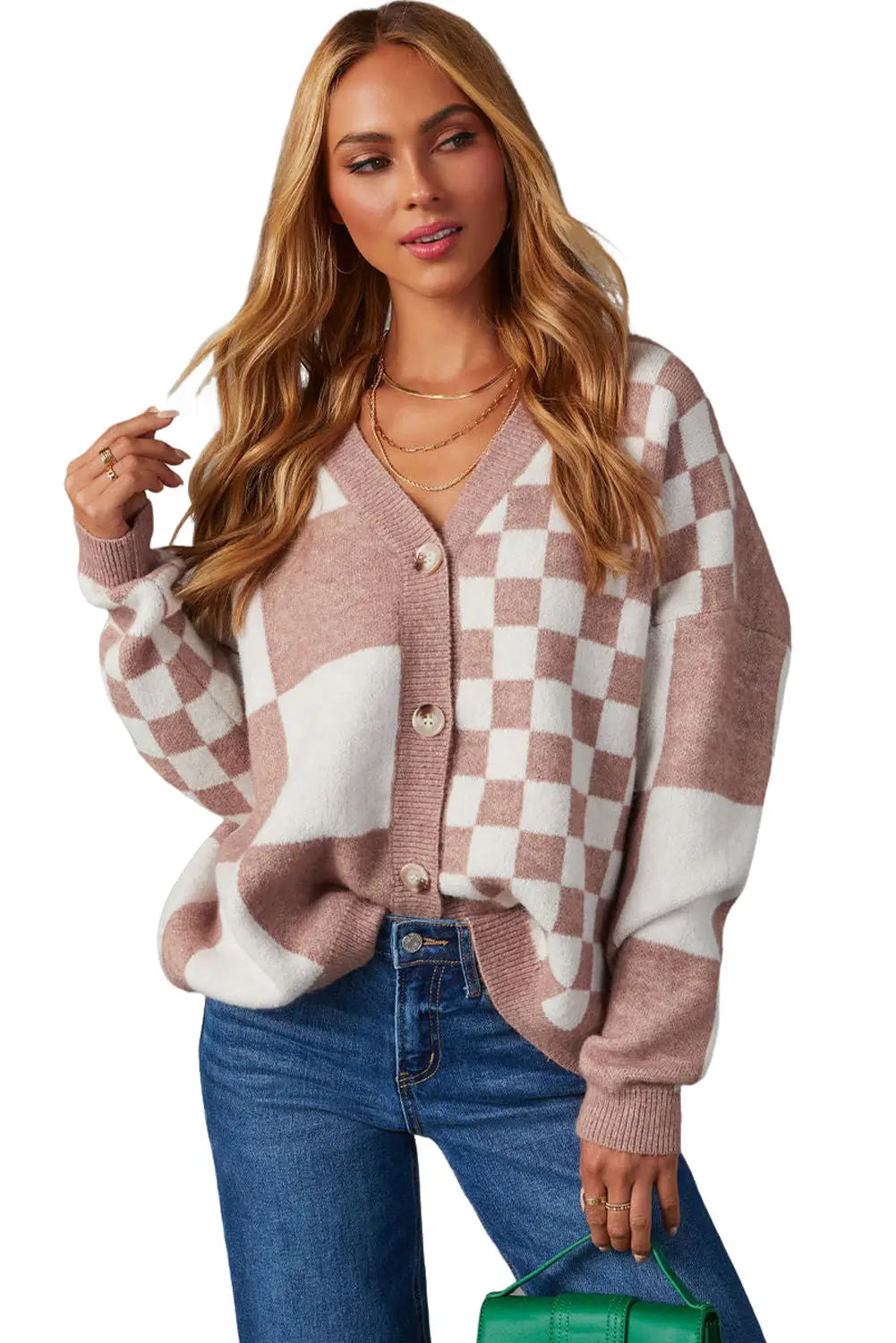 Chestnut mix checkered button v neck knitted cardigan - sweaters & cardigans