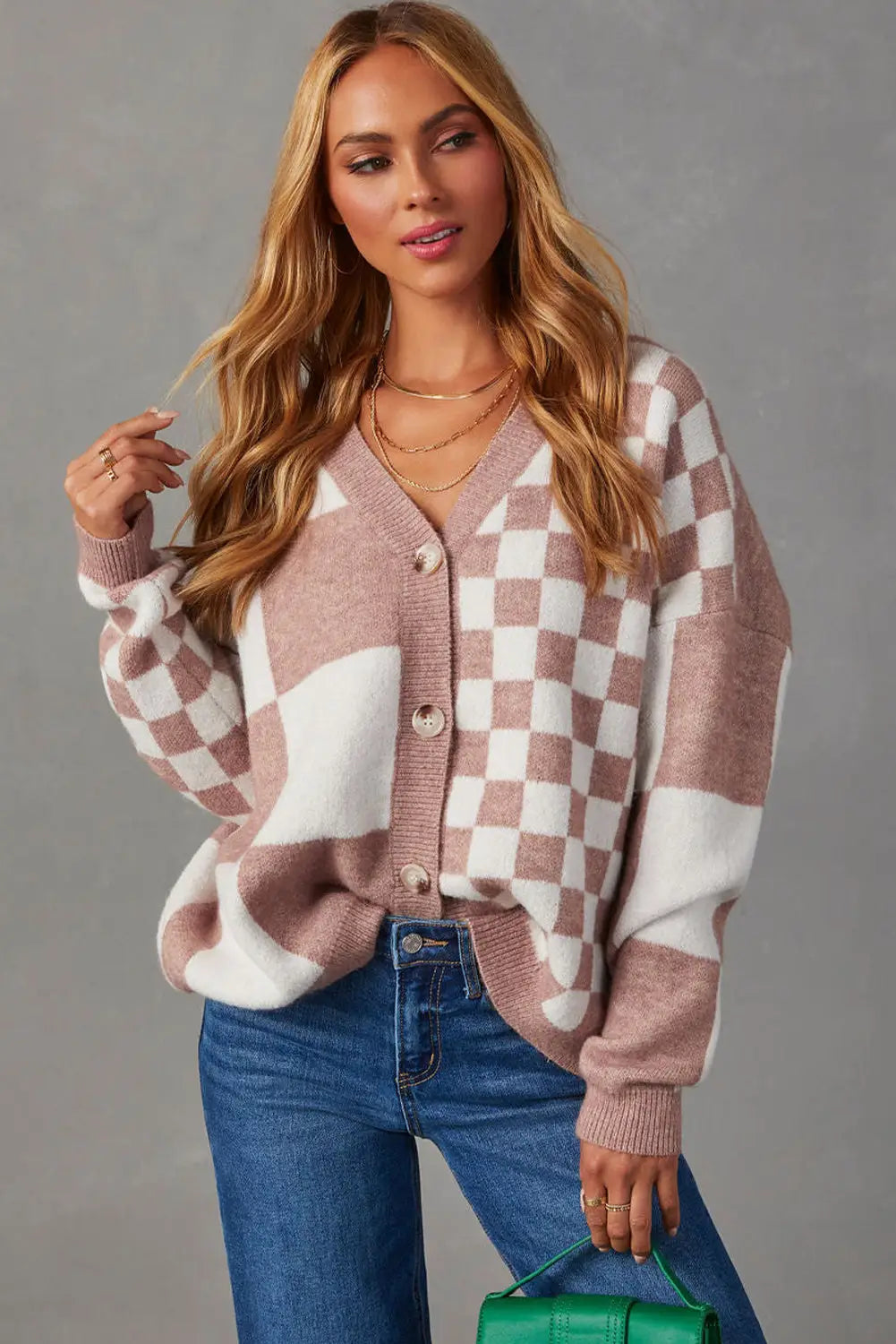 Chestnut mix checkered button v neck knitted cardigan - sweaters & cardigans