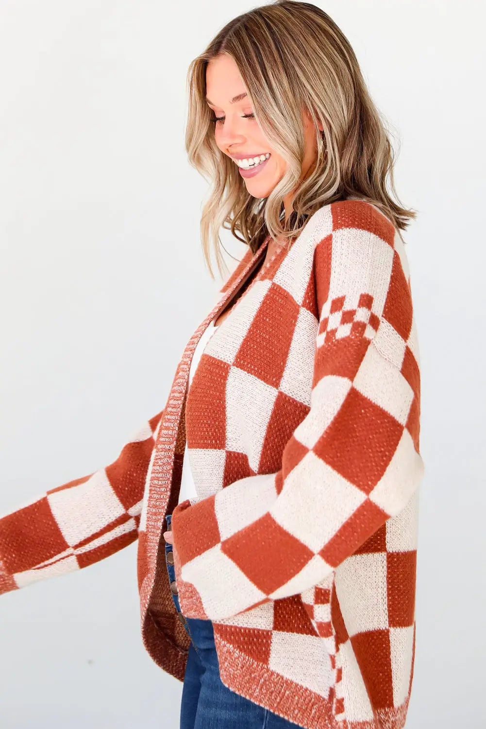 Chestnut mix checkered open front knit cardigan - sweaters & cardigans