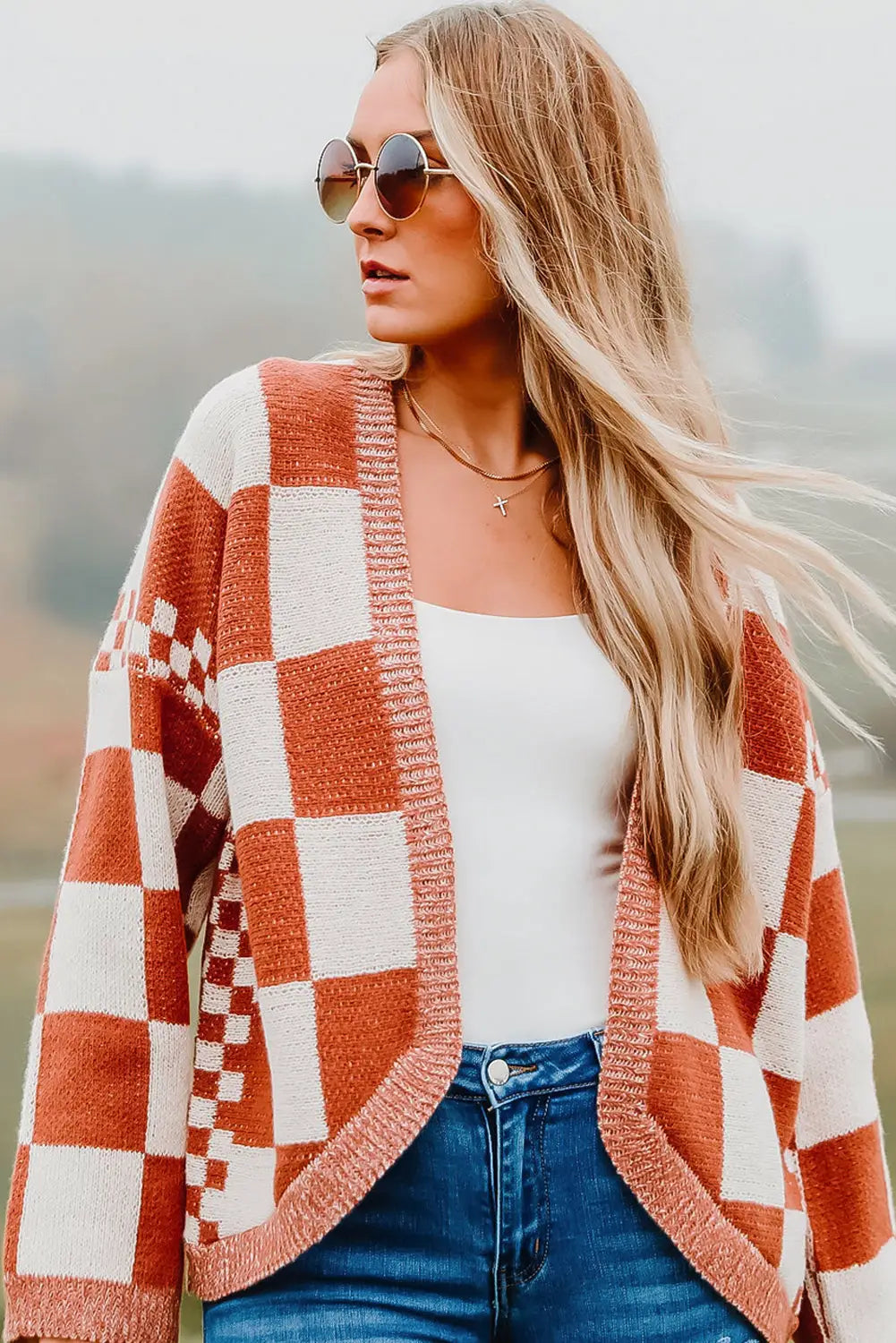 Chestnut mix checkered open front knit cardigan - sweaters & cardigans