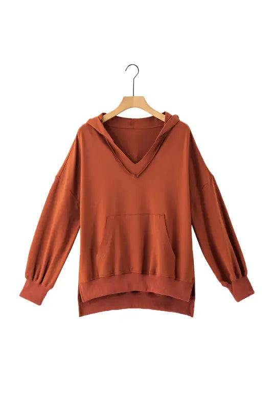 Chestnut v neck kangaroo pocket oversized hoodie - sweatshirts & hoodies