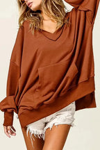 Chestnut Oversized Hoodie - V-Neck Kangaroo Pocket - Fashionfitz