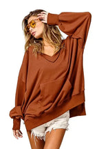 Chestnut Oversized Hoodie - V-Neck Kangaroo Pocket - Fashionfitz
