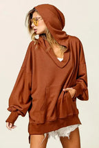 Chestnut Oversized Hoodie - V-Neck Kangaroo Pocket - Fashionfitz