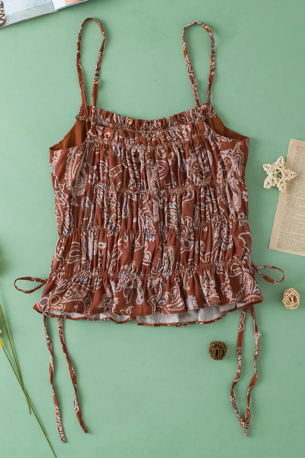 Chestnut paisley ruched tank top - tops/tank tops