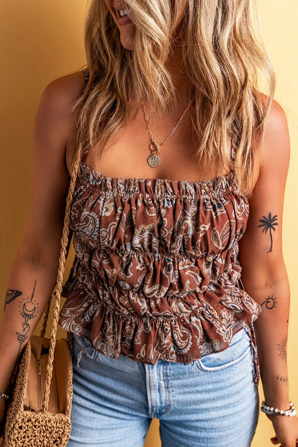 Chestnut paisley ruched tank top - tops/tank tops