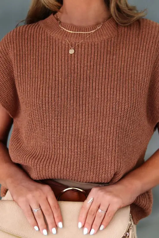 Chestnut plain crew neck short sleeve sweater - sweaters & cardigans