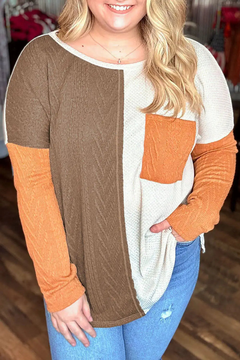 Chestnut plus size color block textured patchwork top with pocket - 1x / 75% polyester + 20% viscose + 5% elastane