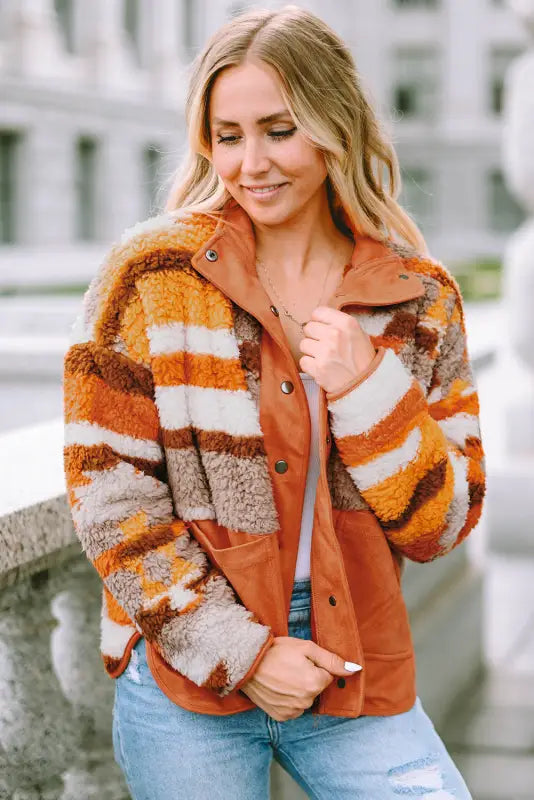 Chestnut plus size quilted patch pockets aztec furry jacket