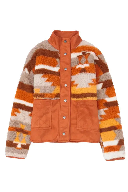 Chestnut plus size quilted patch pockets aztec furry jacket