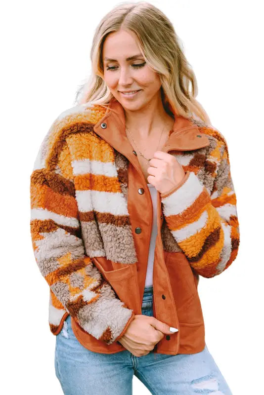 Chestnut plus size quilted patch pockets aztec furry jacket