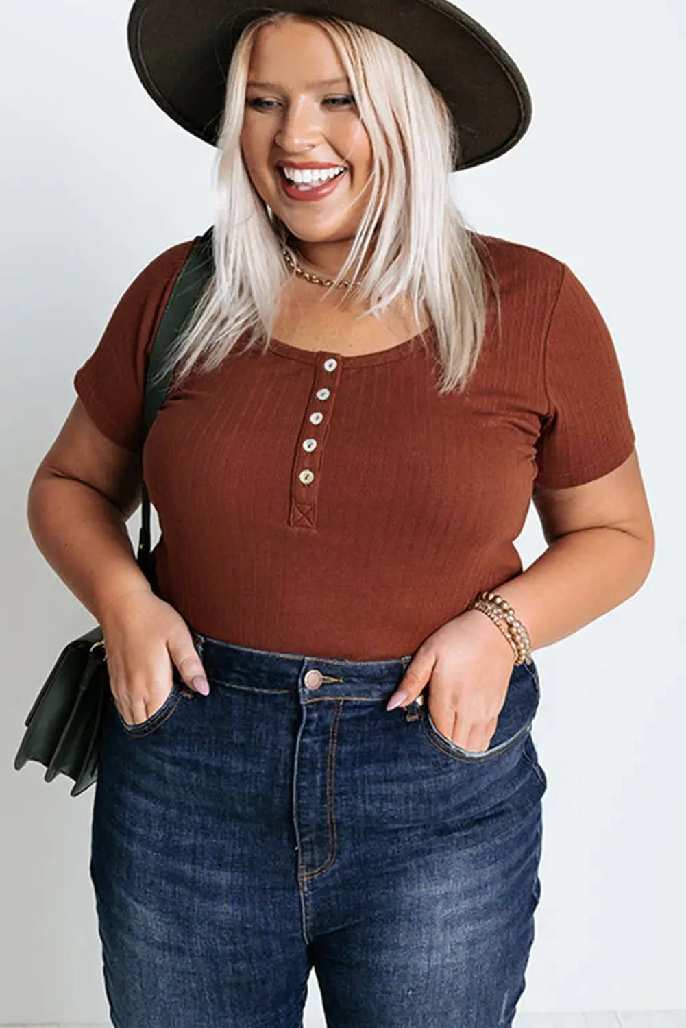 Chestnut plus size ribbed knit henley tee
