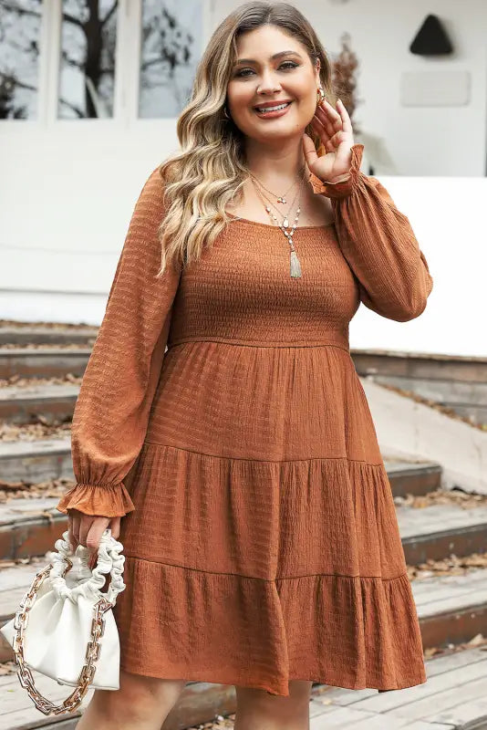 Chestnut plus size smocked ruffled sleeve tiered mini dress